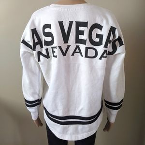 Las Vegas Nevada varsity big logo white striped crewneck sweater, women'…